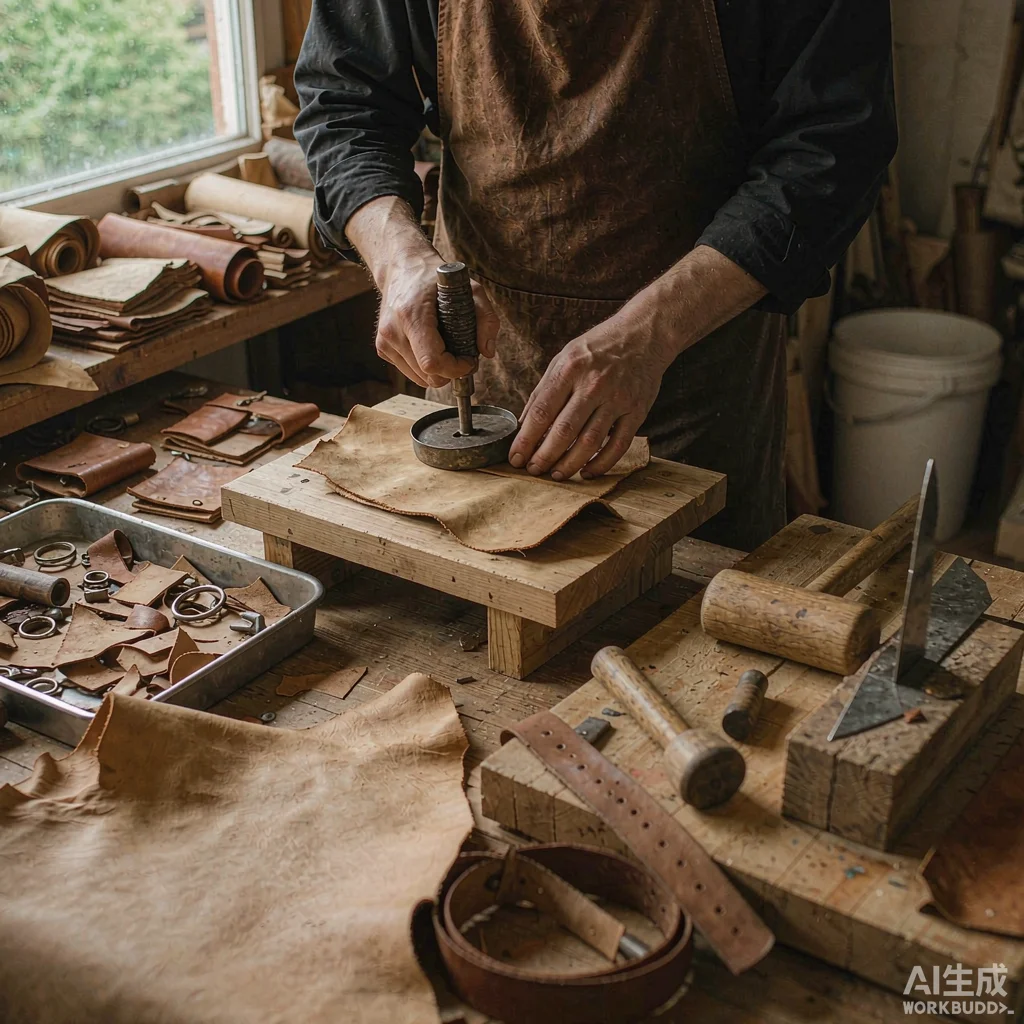 Artisan hands cutting vegetable-tanned leather with a round knife in a Luoyang atelier