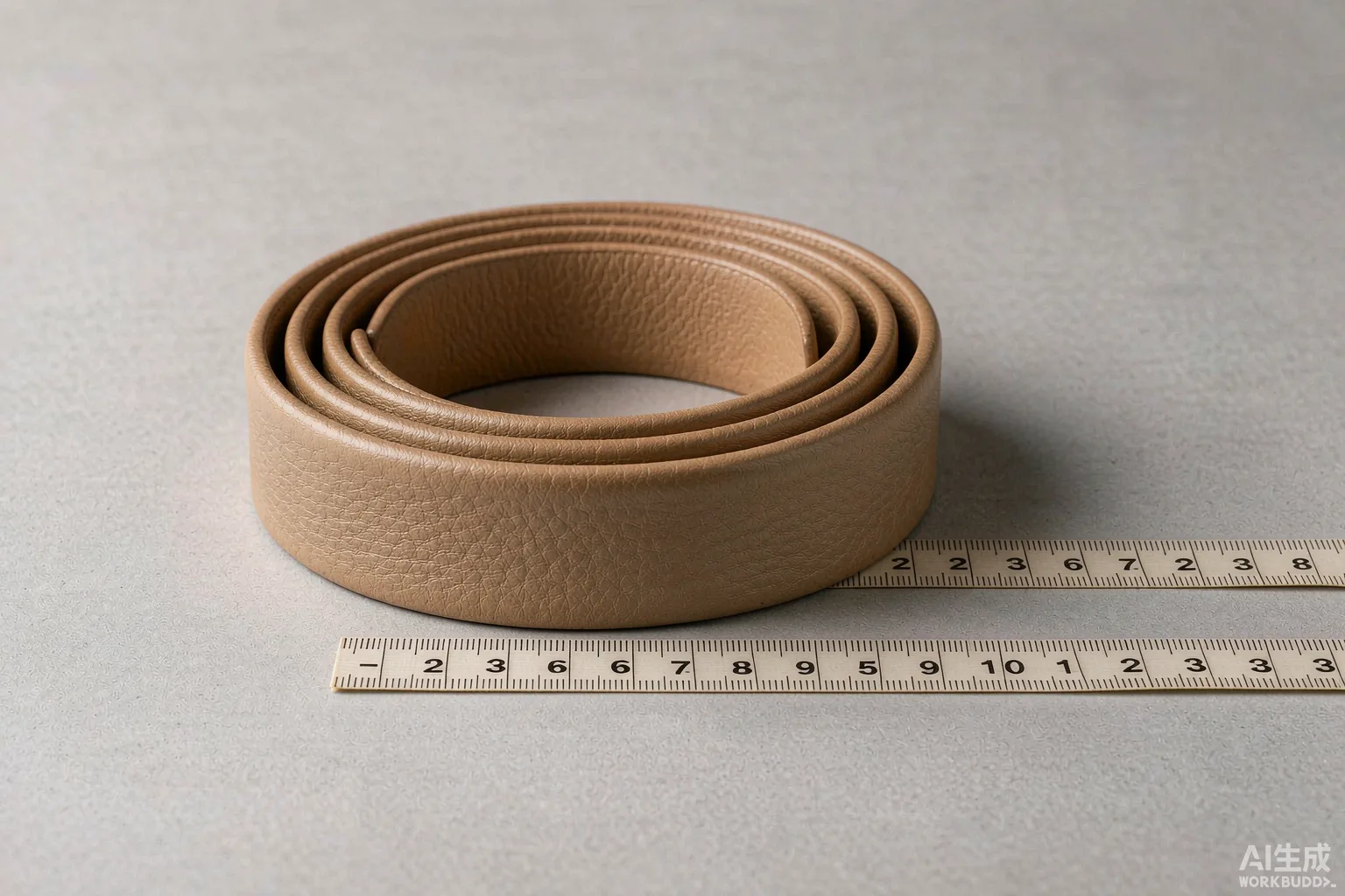 A full-grain leather belt coiled beside a tailor's measuring tape