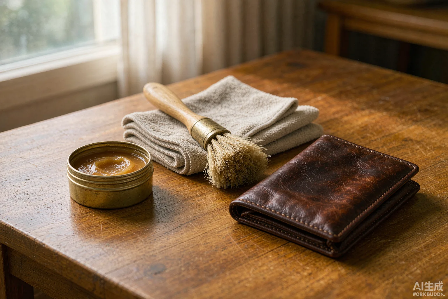 Leather care kit with conditioner balm, horsehair brush and cloth on a wooden table