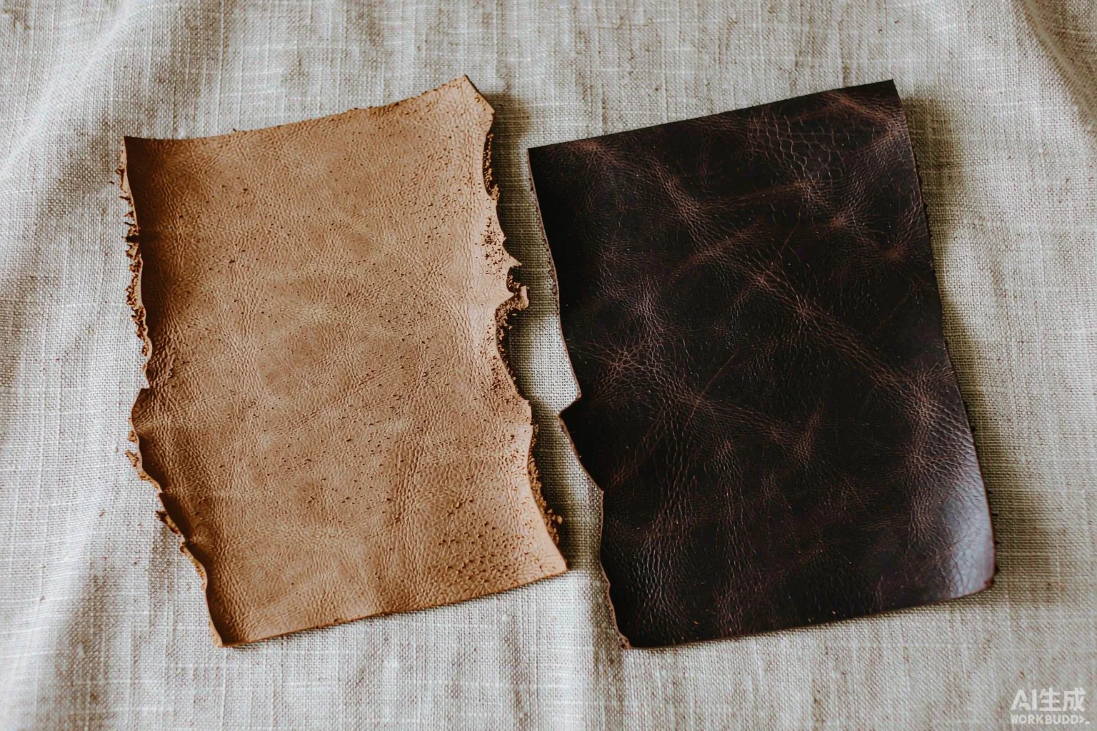 Vegetable-tanned swatch beside chrome-tanned swatch showing matte versus smooth finish
