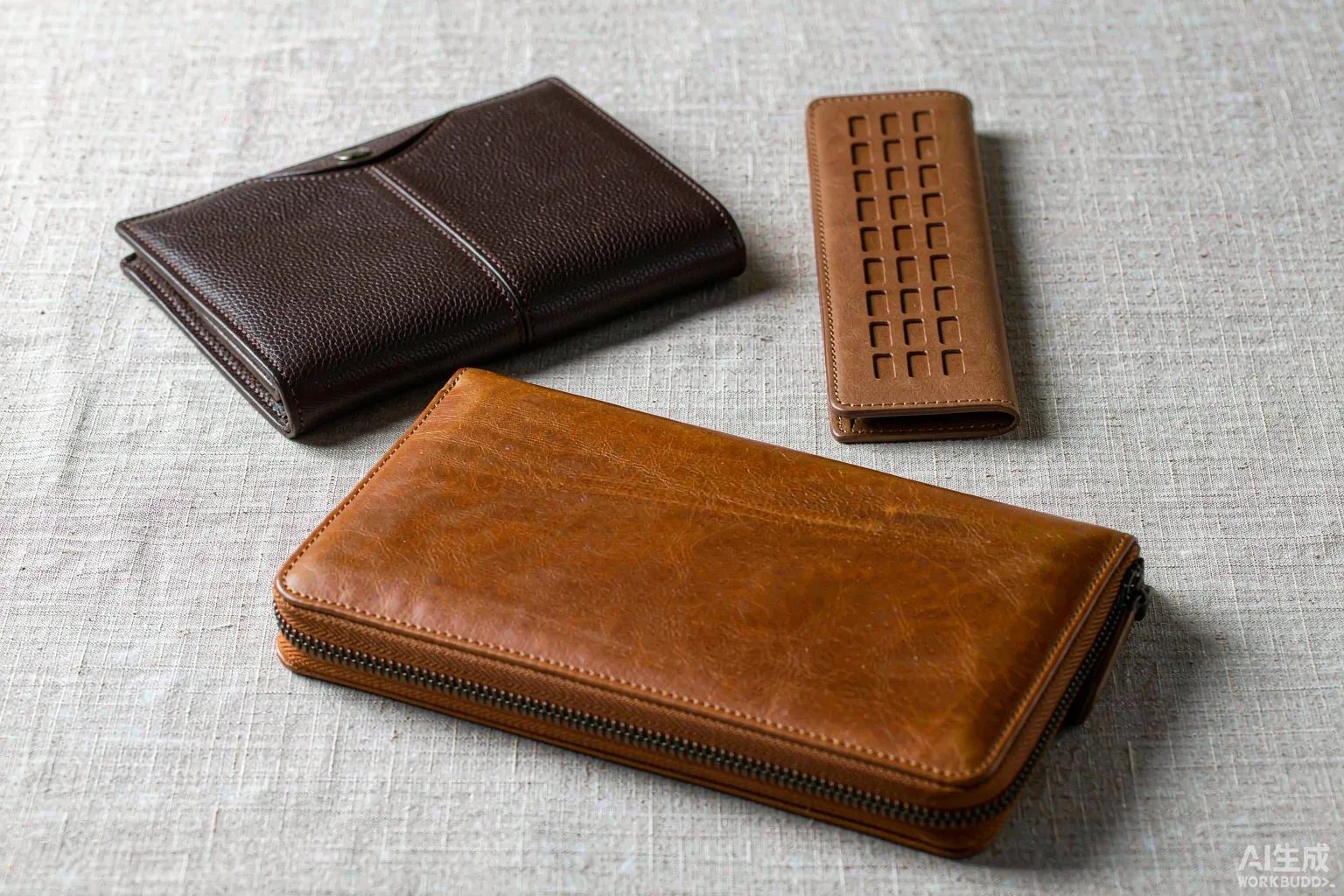 Three leather wallet styles — bifold, card holder and long zip wallet — on linen